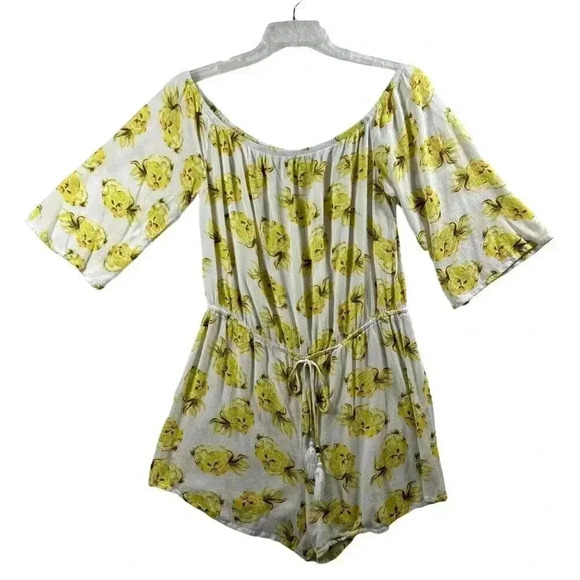 White House Black Market Pineapple print romper L Off Shoulder tie belt tassels - Picture 2 of 15